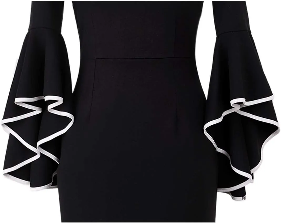 VFSHOW Womens Ruffle Bell Sleeves Business Cocktail Party Bodycon Pencil Sheath Dress
