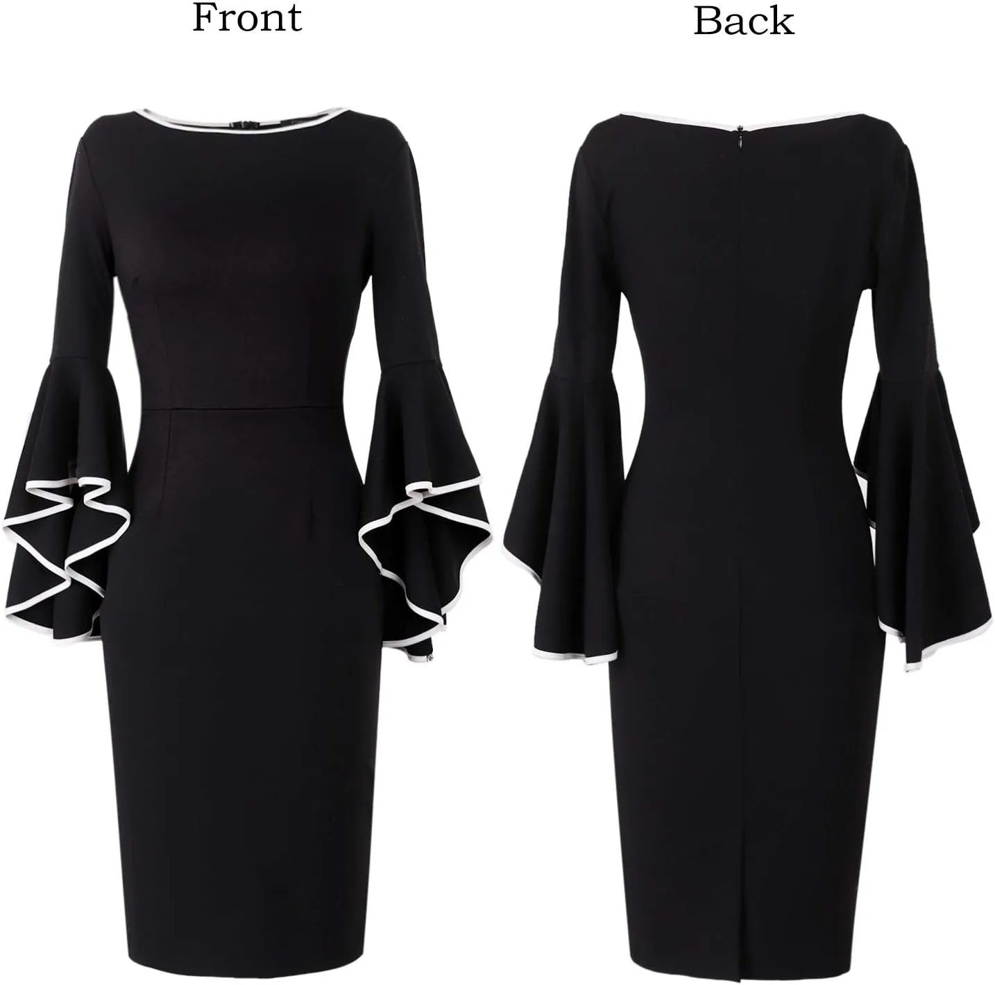 VFSHOW Womens Ruffle Bell Sleeves Business Cocktail Party Bodycon Pencil Sheath Dress