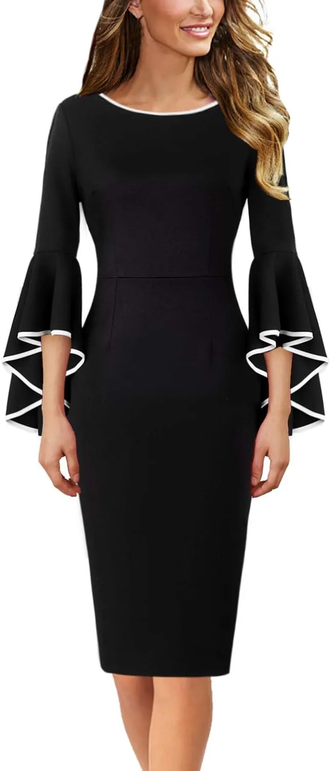 VFSHOW Womens Ruffle Bell Sleeves Business Cocktail Party Bodycon Pencil Sheath Dress
