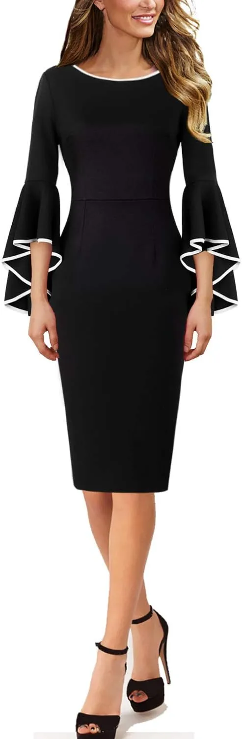 VFSHOW Womens Ruffle Bell Sleeves Business Cocktail Party Bodycon Pencil Sheath Dress