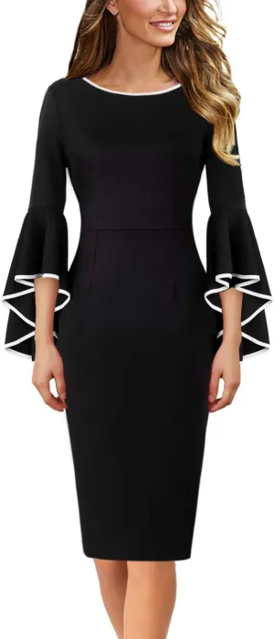 VFSHOW Womens Ruffle Bell Sleeves Business Cocktail Party Bodycon Pencil Sheath Dress
