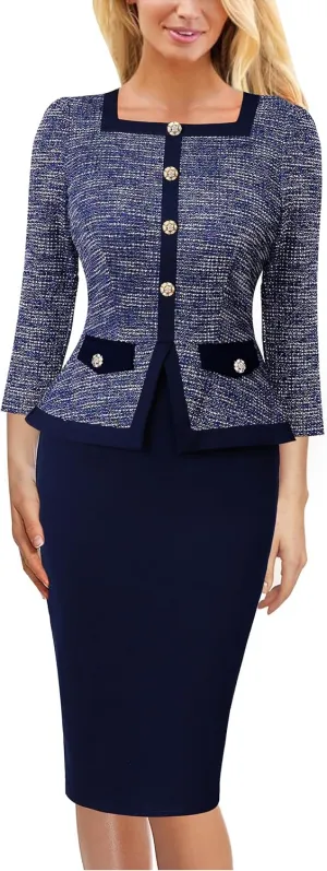 VFSHOW Womens Square Neck Buttons Peplum Cocktail Party Work Office Business Bodycon Pencil Dress