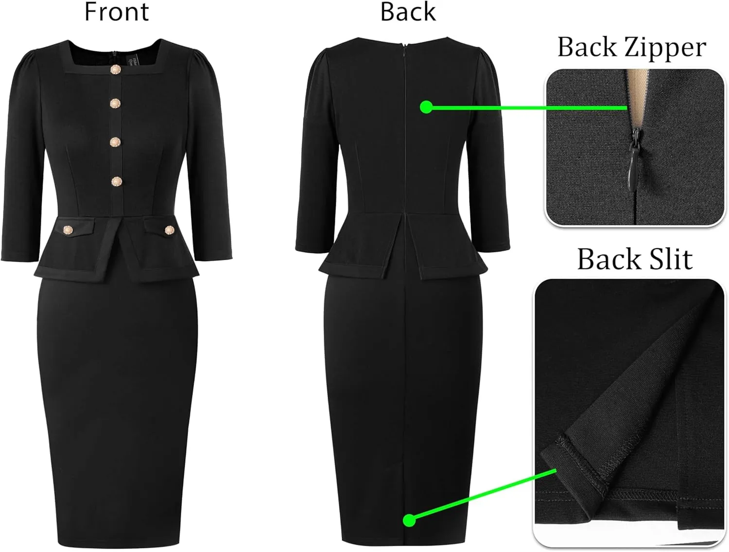 VFSHOW Womens Square Neck Buttons Peplum Cocktail Party Work Office Business Bodycon Pencil Dress