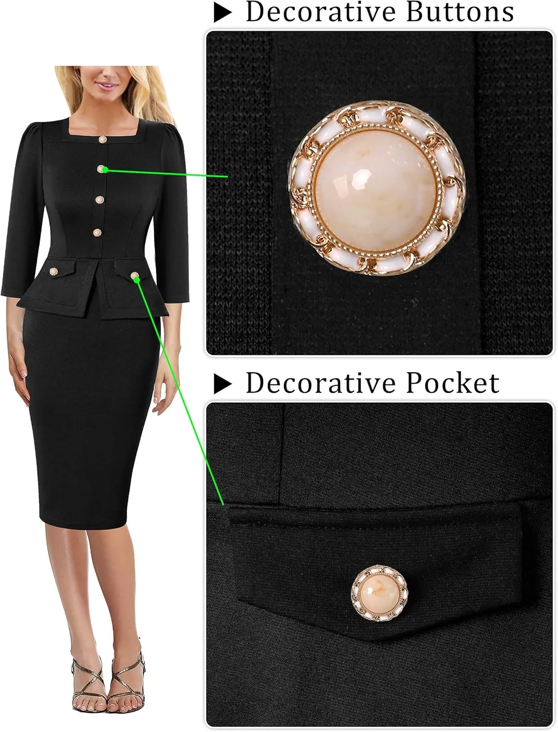 VFSHOW Womens Square Neck Buttons Peplum Cocktail Party Work Office Business Bodycon Pencil Dress
