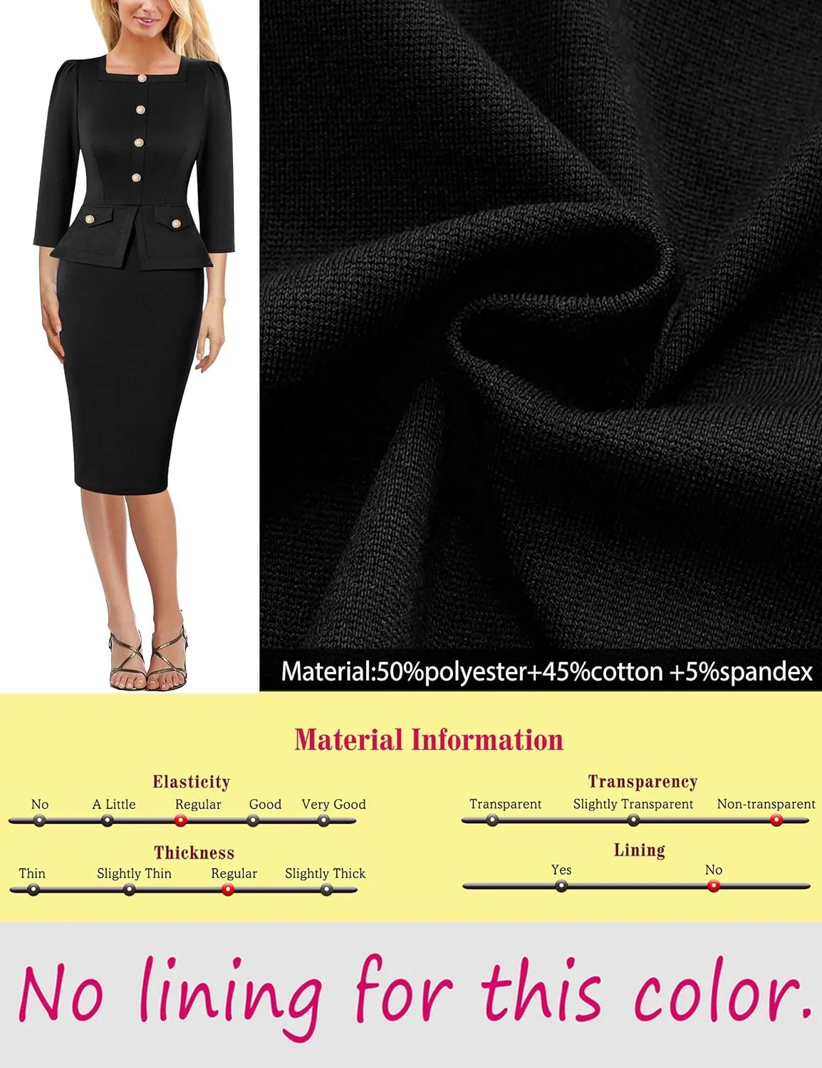 VFSHOW Womens Square Neck Buttons Peplum Cocktail Party Work Office Business Bodycon Pencil Dress