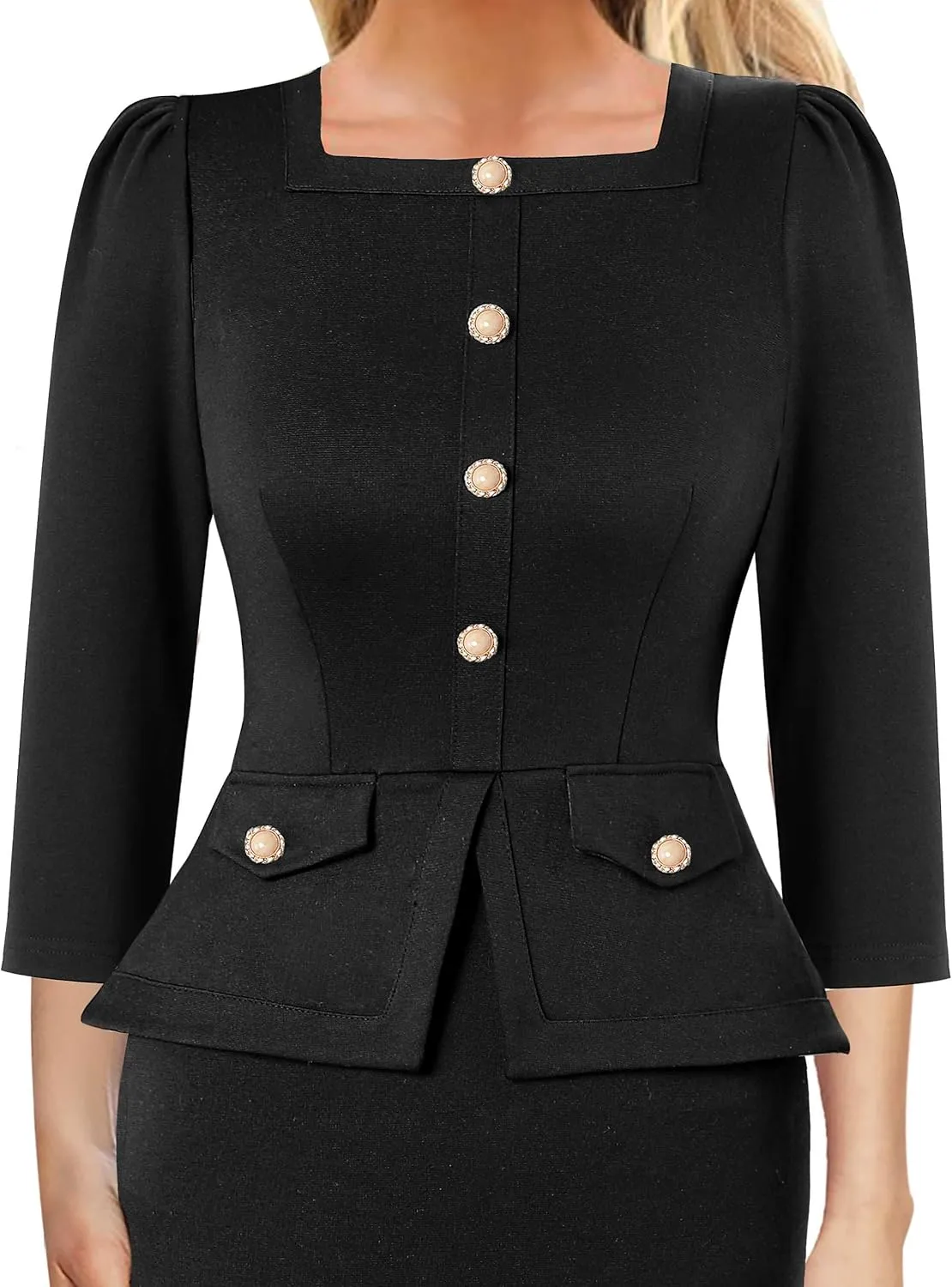 VFSHOW Womens Square Neck Buttons Peplum Cocktail Party Work Office Business Bodycon Pencil Dress