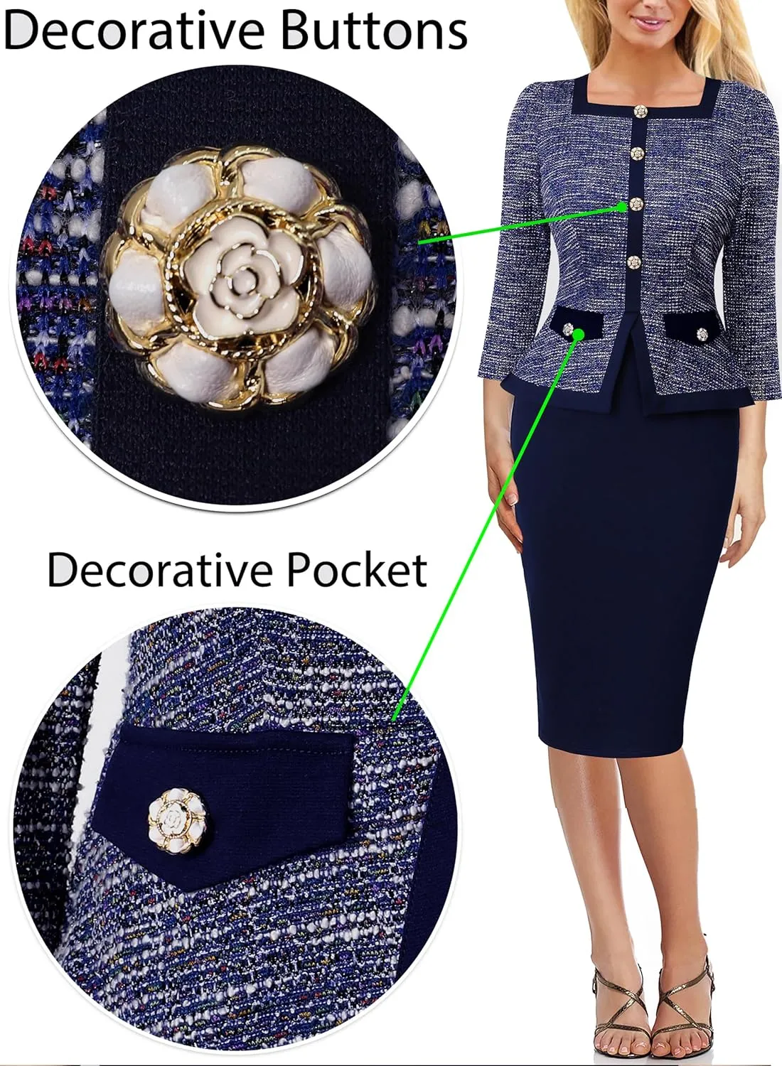 VFSHOW Womens Square Neck Buttons Peplum Cocktail Party Work Office Business Bodycon Pencil Dress