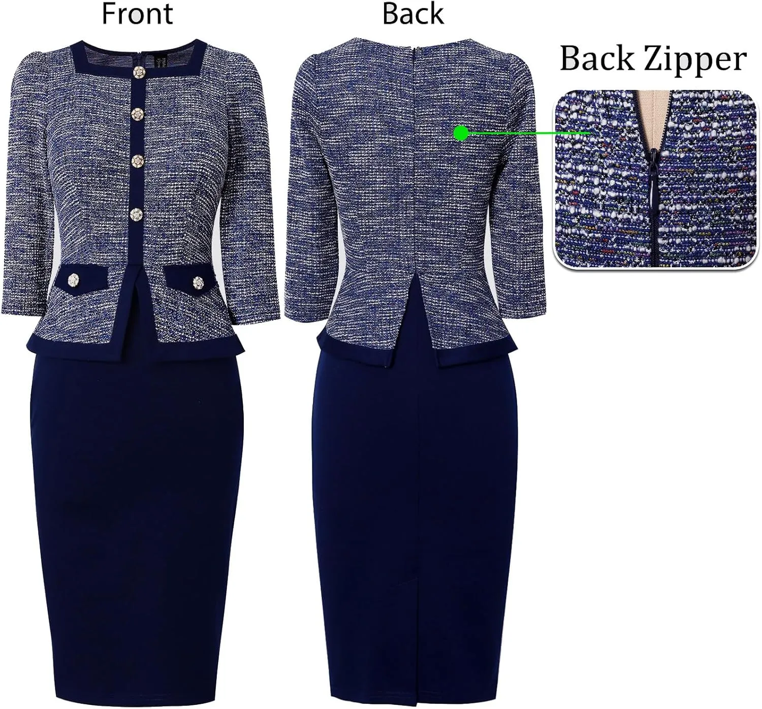 VFSHOW Womens Square Neck Buttons Peplum Cocktail Party Work Office Business Bodycon Pencil Dress