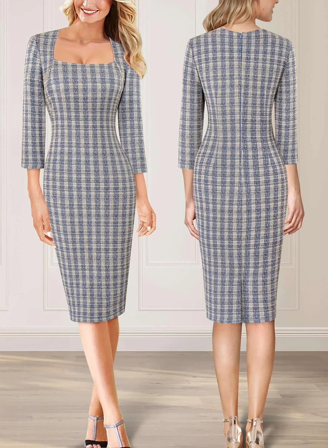 VFSHOW Womens Work Business Square Neck Bodycon Dress Office Retro Elegant Slim Fitted Pencil Sheath Dress
