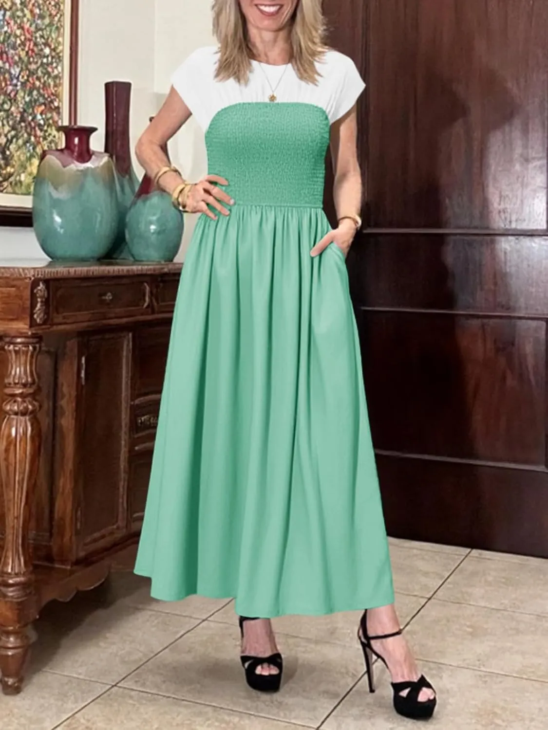 Wenrine Womens Casual Summer Midi Dress Smocked Cap Sleeve Crew Neck Color Block A Line Flowy Beach Dresses