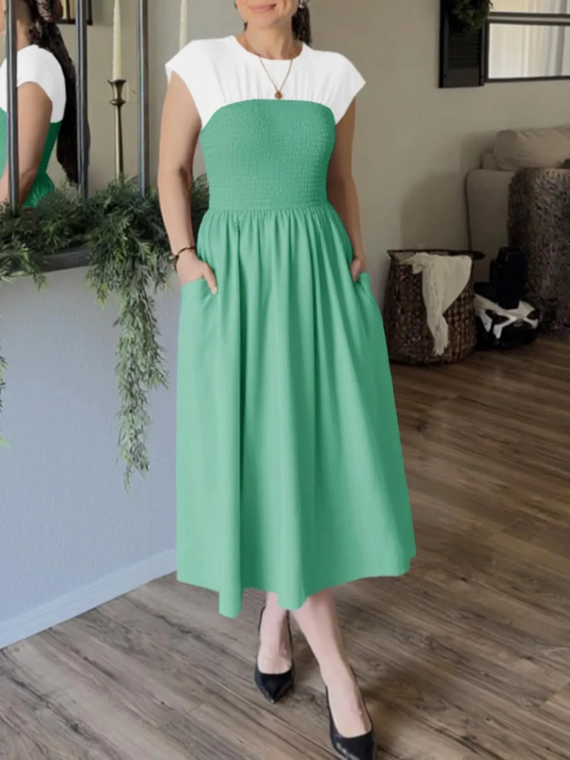 Wenrine Womens Casual Summer Midi Dress Smocked Cap Sleeve Crew Neck Color Block A Line Flowy Beach Dresses