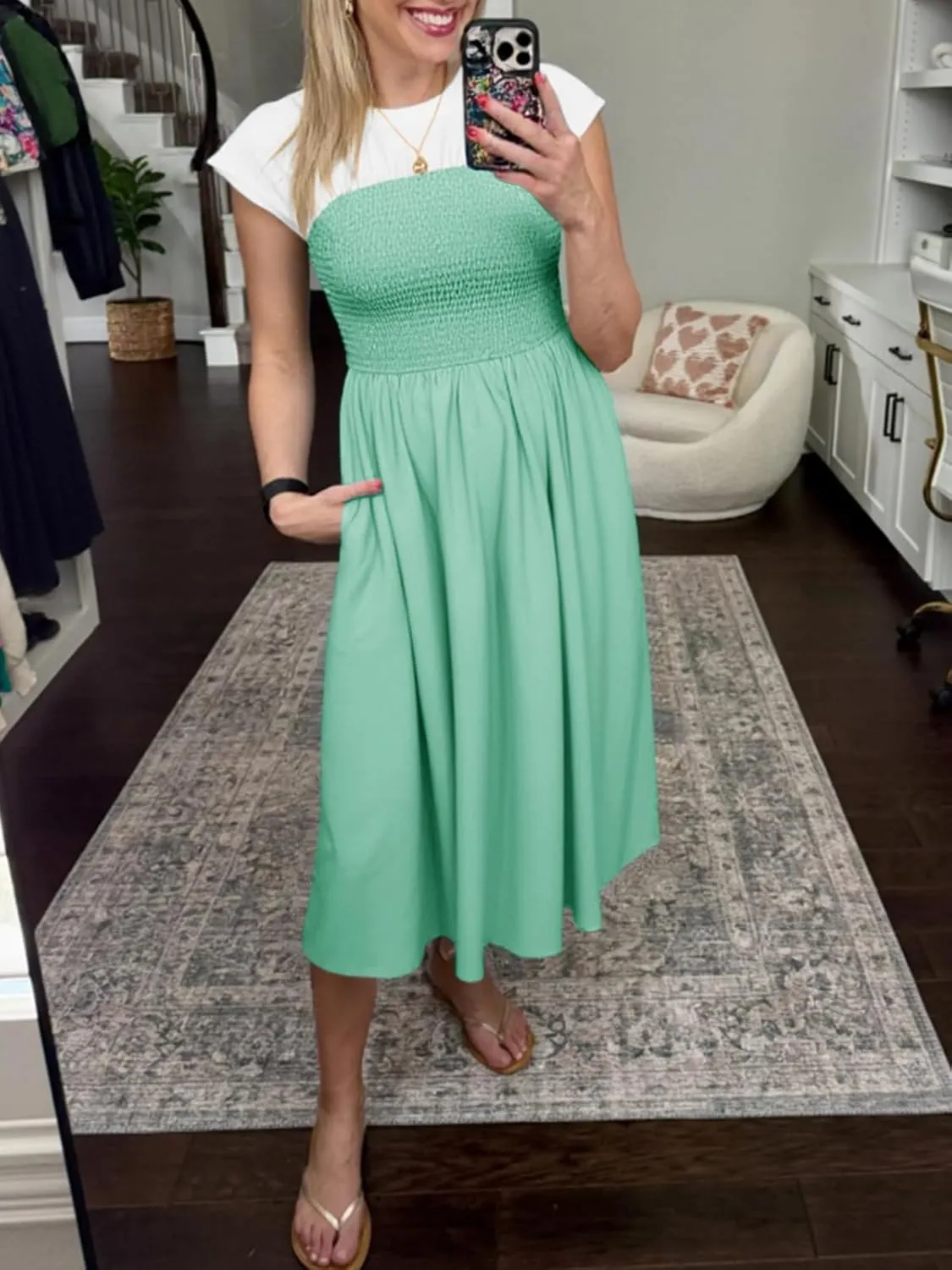 Wenrine Womens Casual Summer Midi Dress Smocked Cap Sleeve Crew Neck Color Block A Line Flowy Beach Dresses