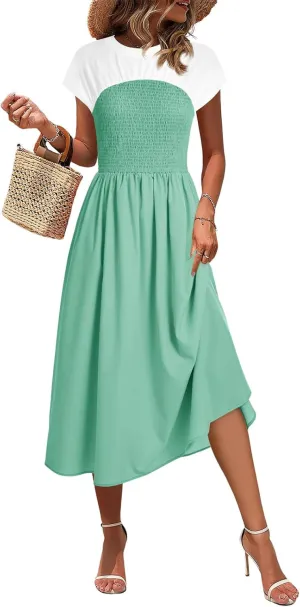 Wenrine Womens Casual Summer Midi Dress Smocked Cap Sleeve Crew Neck Color Block A Line Flowy Beach Dresses