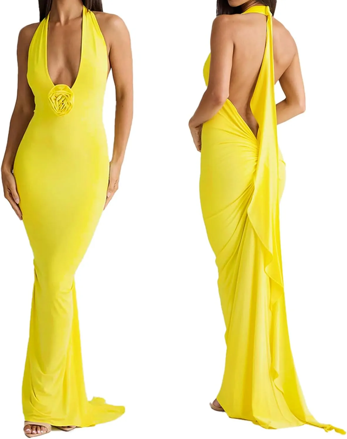 Women Sexy Backless Dress Halter Deep V Neck Detachable Flower Sleeveless Open Back Maxi Dress Cocktail Prom Formal Dresses