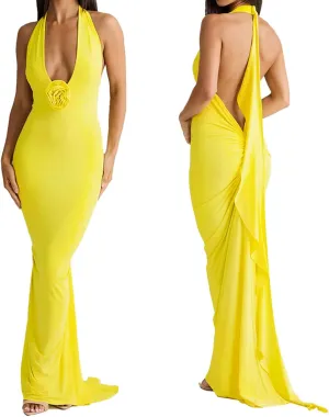 Women Sexy Backless Dress Halter Deep V Neck Detachable Flower Sleeveless Open Back Maxi Dress Cocktail Prom Formal Dresses