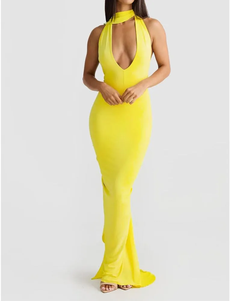 Women Sexy Backless Dress Halter Deep V Neck Detachable Flower Sleeveless Open Back Maxi Dress Cocktail Prom Formal Dresses