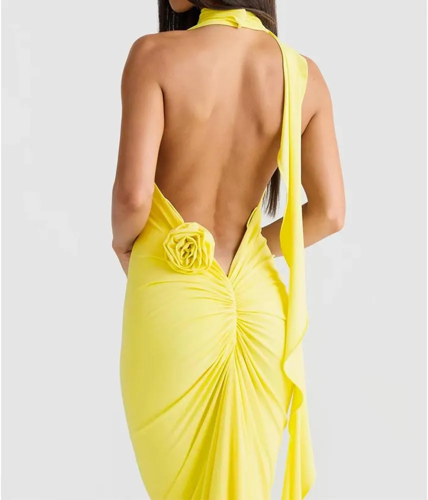 Women Sexy Backless Dress Halter Deep V Neck Detachable Flower Sleeveless Open Back Maxi Dress Cocktail Prom Formal Dresses