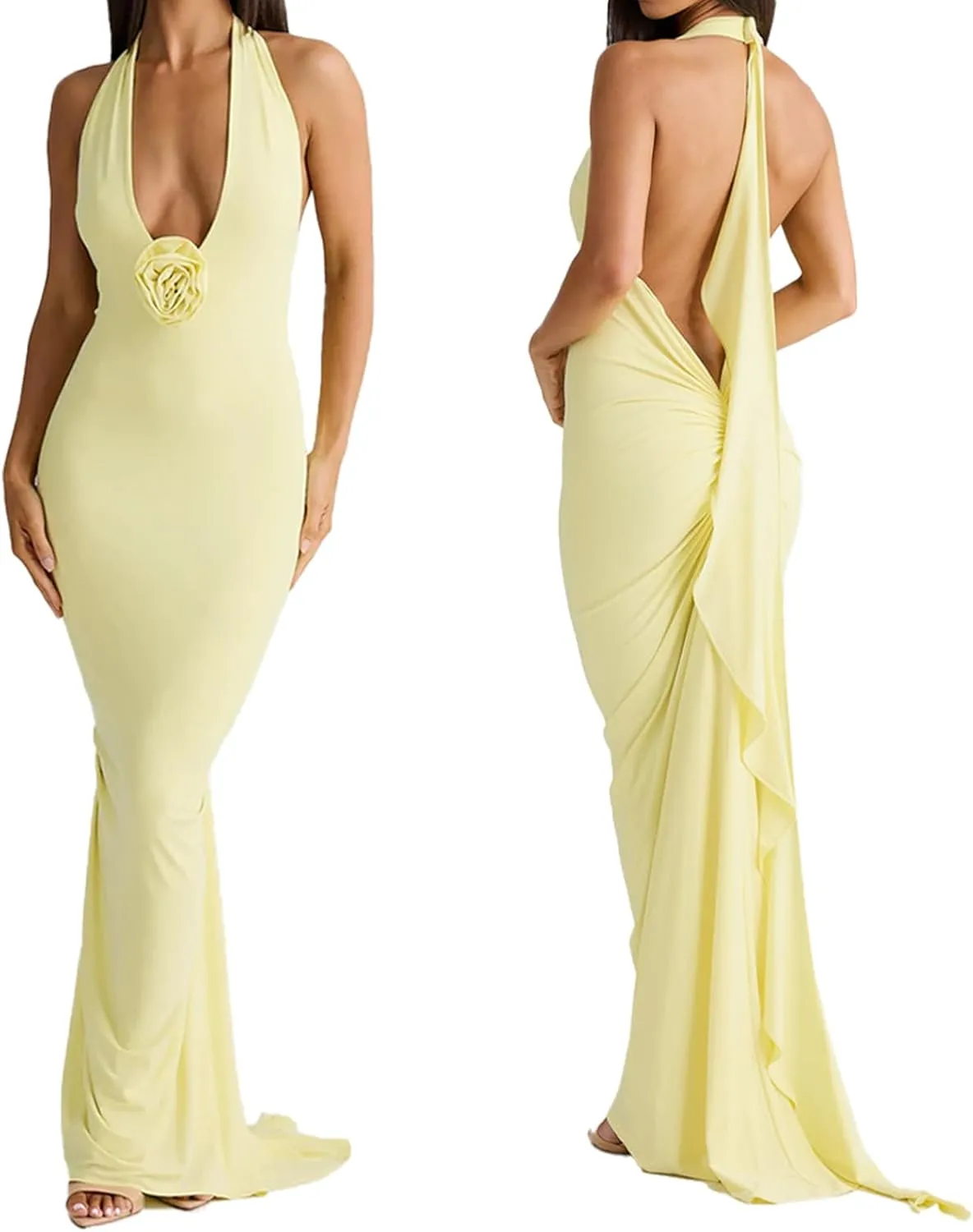 Women Sexy Backless Dress Halter Deep V Neck Detachable Flower Sleeveless Open Back Maxi Dress Cocktail Prom Formal Dresses