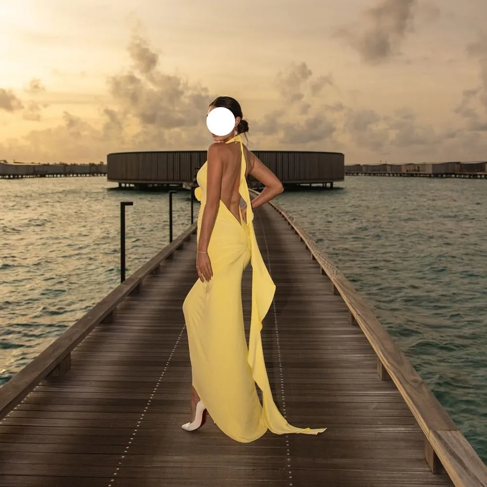 Women Sexy Backless Dress Halter Deep V Neck Detachable Flower Sleeveless Open Back Maxi Dress Cocktail Prom Formal Dresses