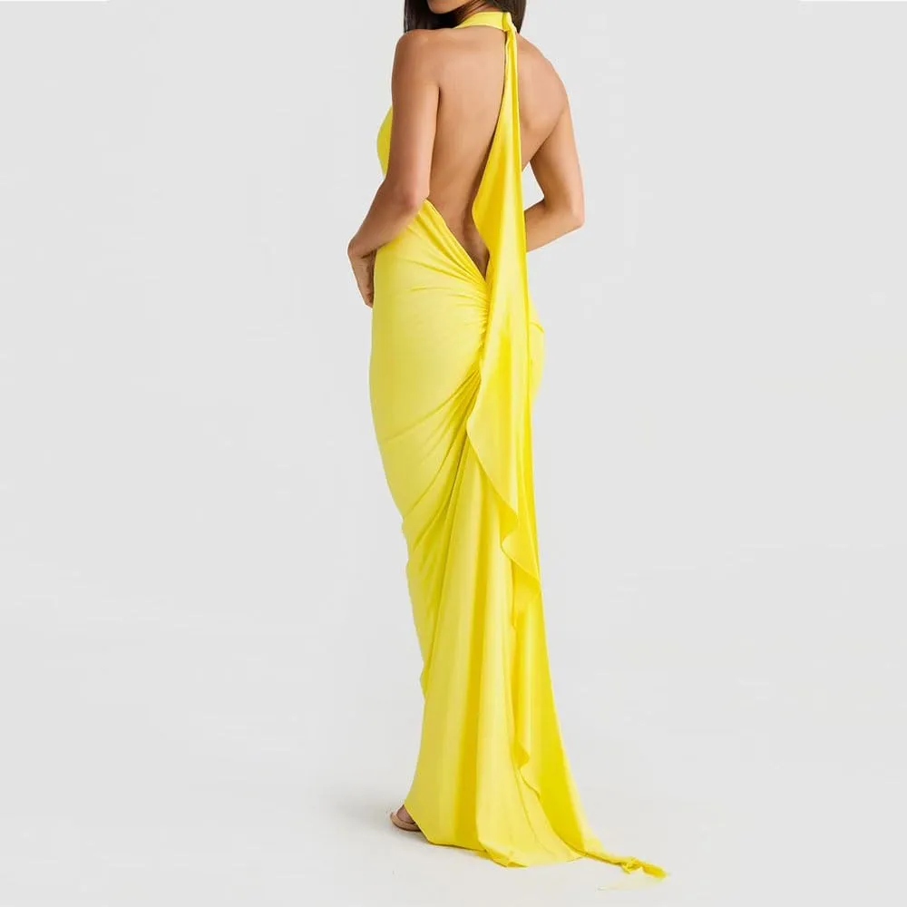 Women Sexy Backless Dress Halter Deep V Neck Detachable Flower Sleeveless Open Back Maxi Dress Cocktail Prom Formal Dresses