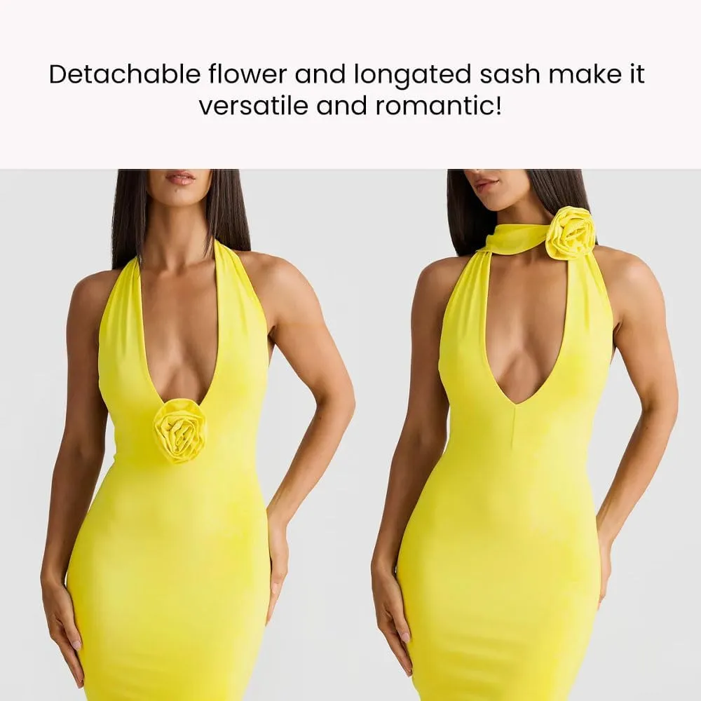 Women Sexy Backless Dress Halter Deep V Neck Detachable Flower Sleeveless Open Back Maxi Dress Cocktail Prom Formal Dresses
