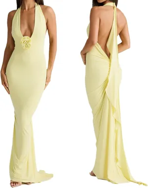 Women Sexy Backless Dress Halter Deep V Neck Detachable Flower Sleeveless Open Back Maxi Dress Cocktail Prom Formal Dresses