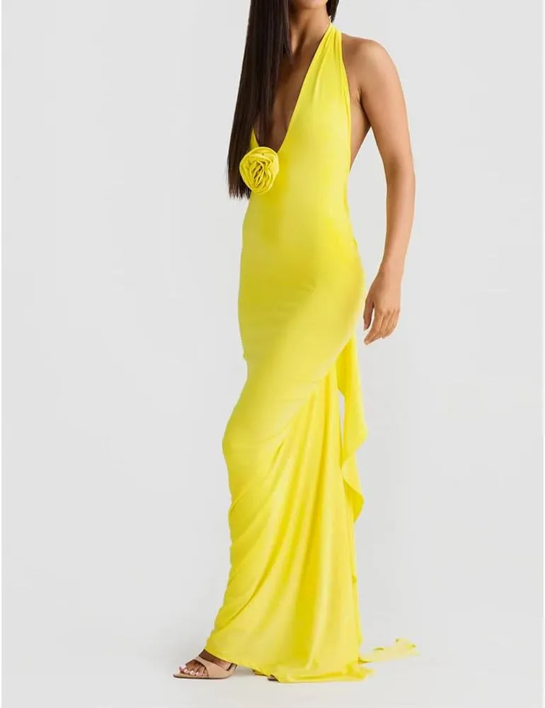 Women Sexy Backless Dress Halter Deep V Neck Detachable Flower Sleeveless Open Back Maxi Dress Cocktail Prom Formal Dresses