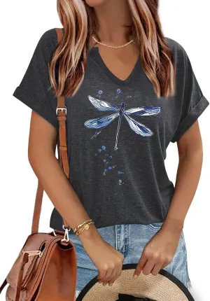 Women's Floral T-Shirts V-Neck Dandelion Sun Flower Graphic Casual Tee Boho Tops Cute Wildflowers Shirts