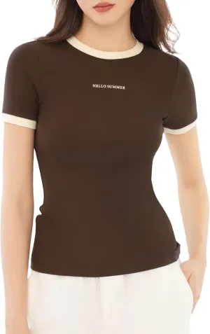 Women's Ribbed Short Sleeve Tops Crewneck Slim Fitted Soft T Shirts Color Block Casual Summer Trendy Outfits