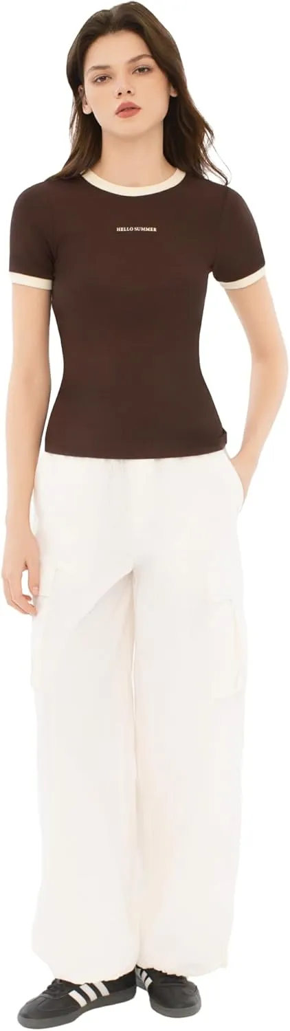 Women's Ribbed Short Sleeve Tops Crewneck Slim Fitted Soft T Shirts Color Block Casual Summer Trendy Outfits