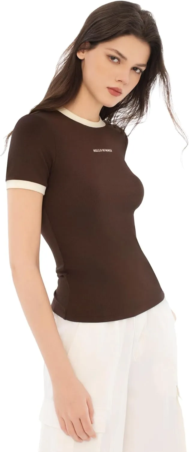 Women's Ribbed Short Sleeve Tops Crewneck Slim Fitted Soft T Shirts Color Block Casual Summer Trendy Outfits