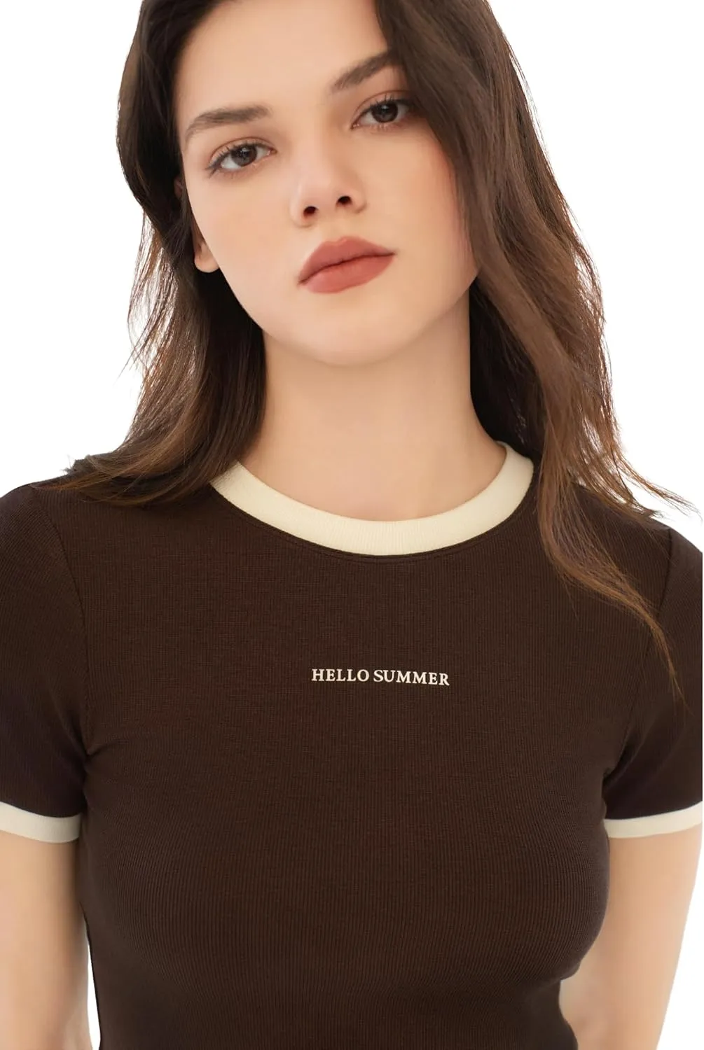 Women's Ribbed Short Sleeve Tops Crewneck Slim Fitted Soft T Shirts Color Block Casual Summer Trendy Outfits