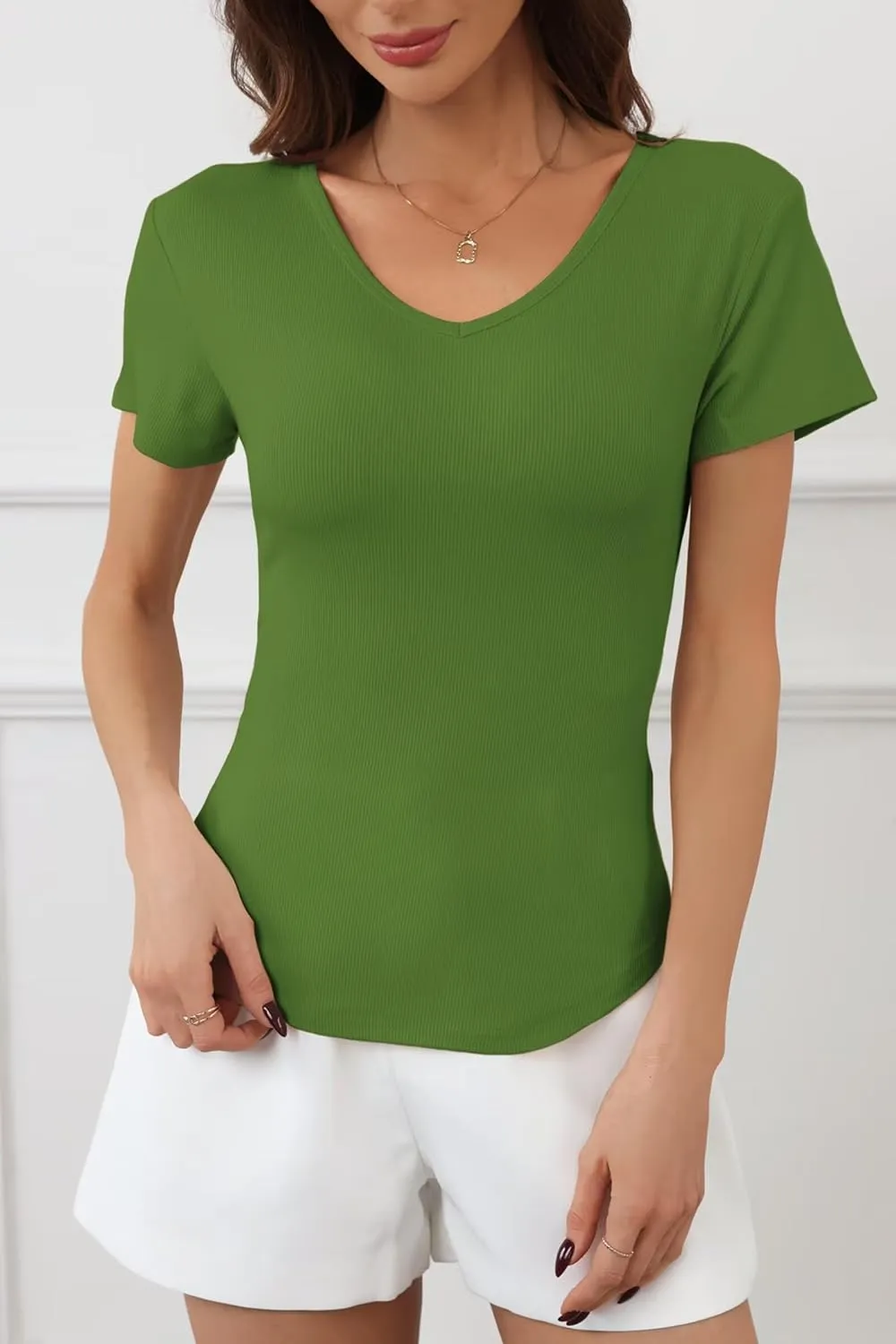 Womens T Shirts Short Sleeve V Neck Tees Basic Tshirts Ribbed Casual Top