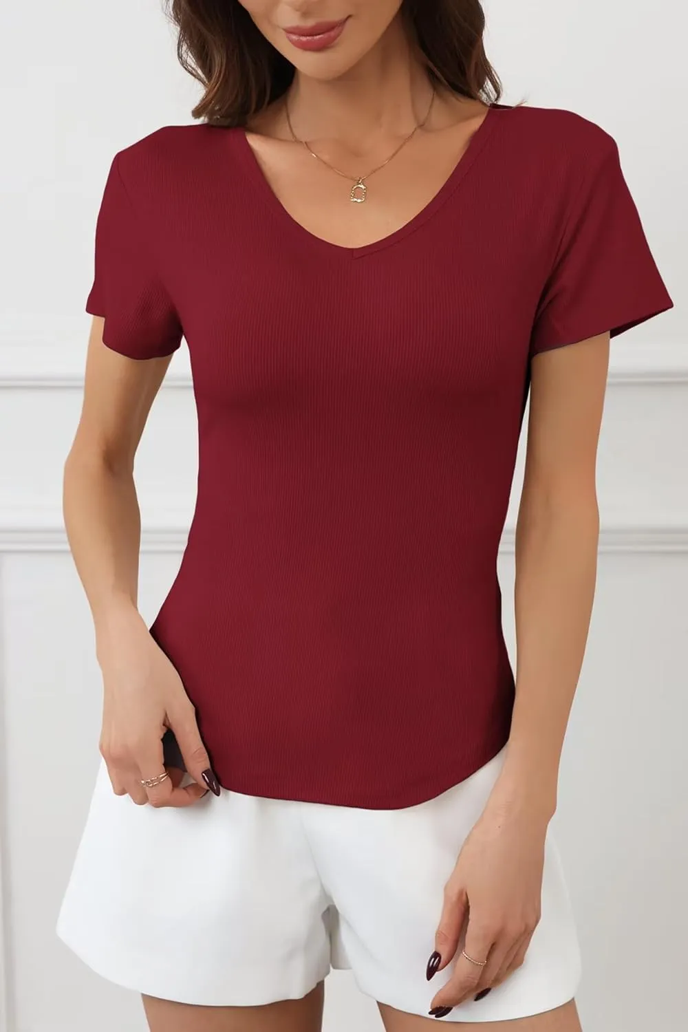 Womens T Shirts Short Sleeve V Neck Tees Basic Tshirts Ribbed Casual Top