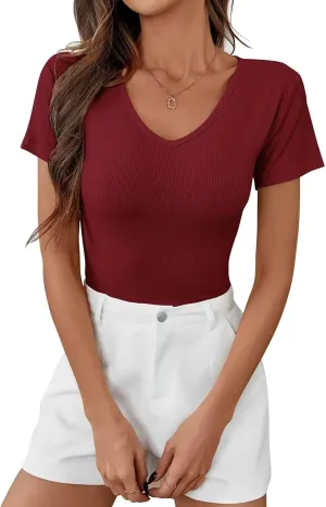 Womens T Shirts Short Sleeve V Neck Tees Basic Tshirts Ribbed Casual Top