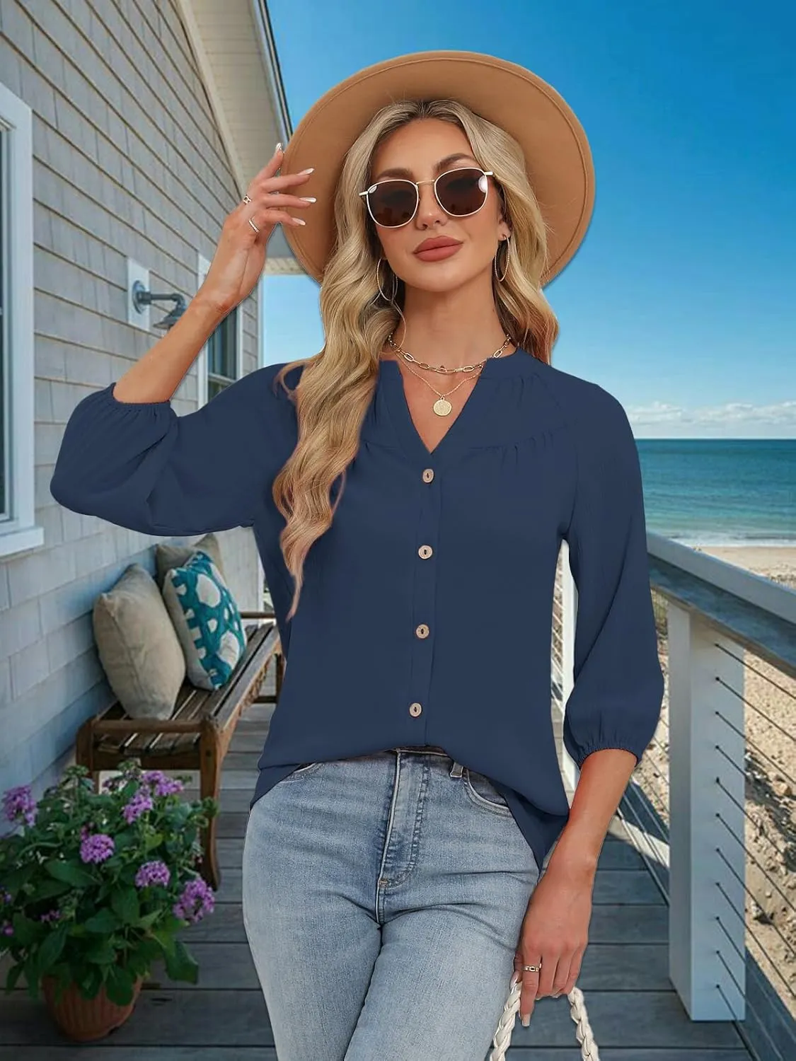 Womens Tops Dressy Casual 3/4 Sleeve T Shirts V Neck Button Down Pleated Back Blouses Summer Fashion Clothes
