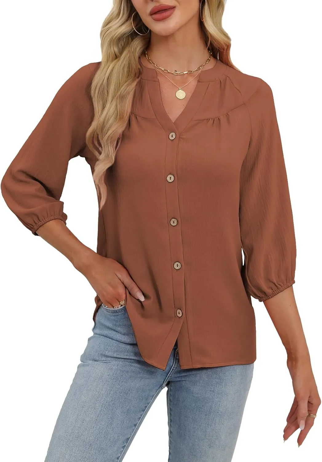 Womens Tops Dressy Casual 3/4 Sleeve T Shirts V Neck Button Down Pleated Back Blouses Summer Fashion Clothes
