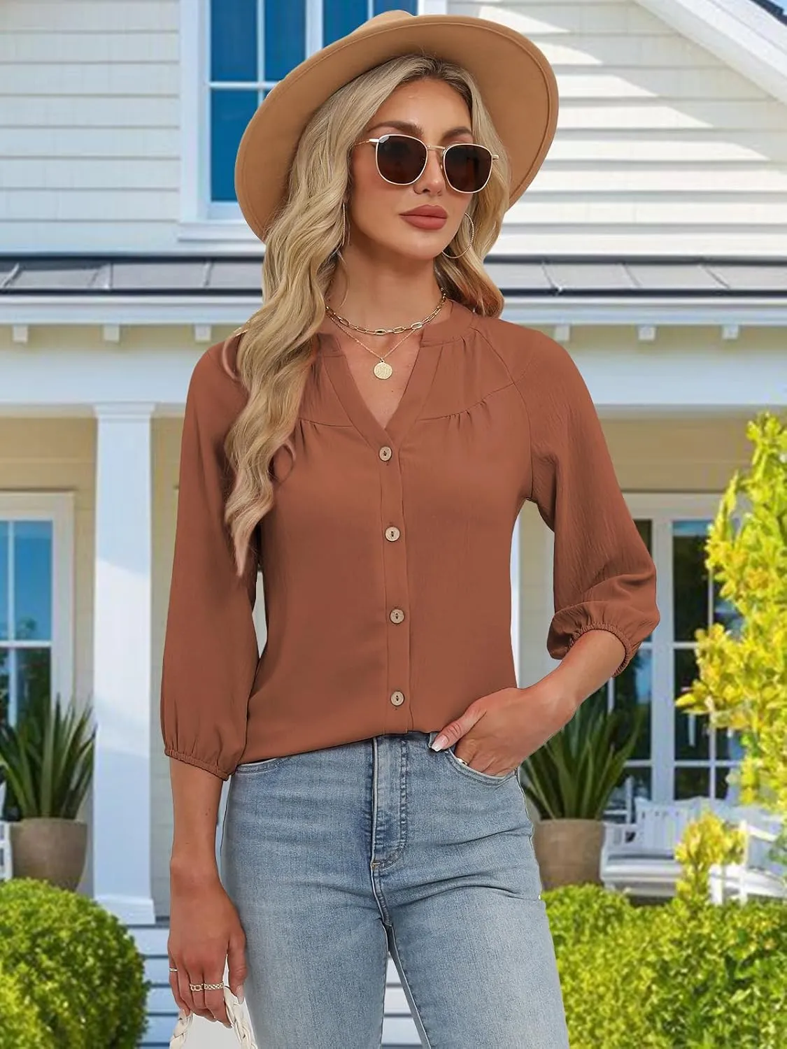 Womens Tops Dressy Casual 3/4 Sleeve T Shirts V Neck Button Down Pleated Back Blouses Summer Fashion Clothes