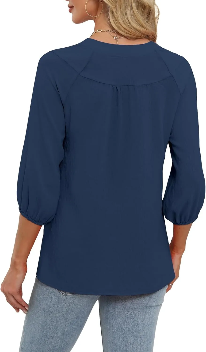 Womens Tops Dressy Casual 3/4 Sleeve T Shirts V Neck Button Down Pleated Back Blouses Summer Fashion Clothes