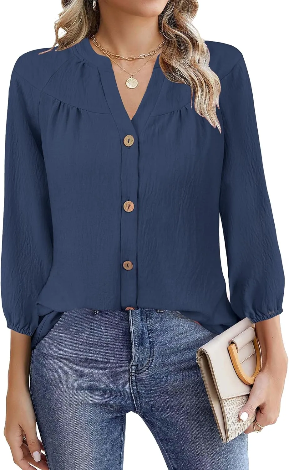 Womens Tops Dressy Casual 3/4 Sleeve T Shirts V Neck Button Down Pleated Back Blouses Summer Fashion Clothes