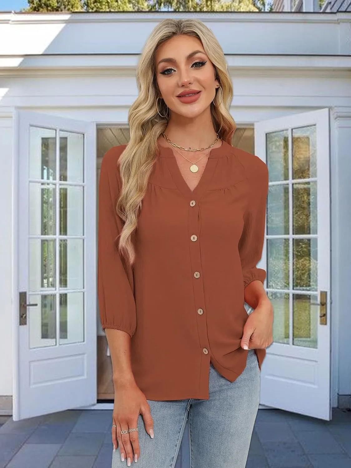 Womens Tops Dressy Casual 3/4 Sleeve T Shirts V Neck Button Down Pleated Back Blouses Summer Fashion Clothes