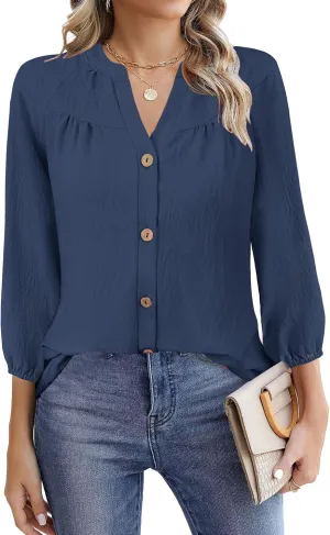 Womens Tops Dressy Casual 3/4 Sleeve T Shirts V Neck Button Down Pleated Back Blouses Summer Fashion Clothes