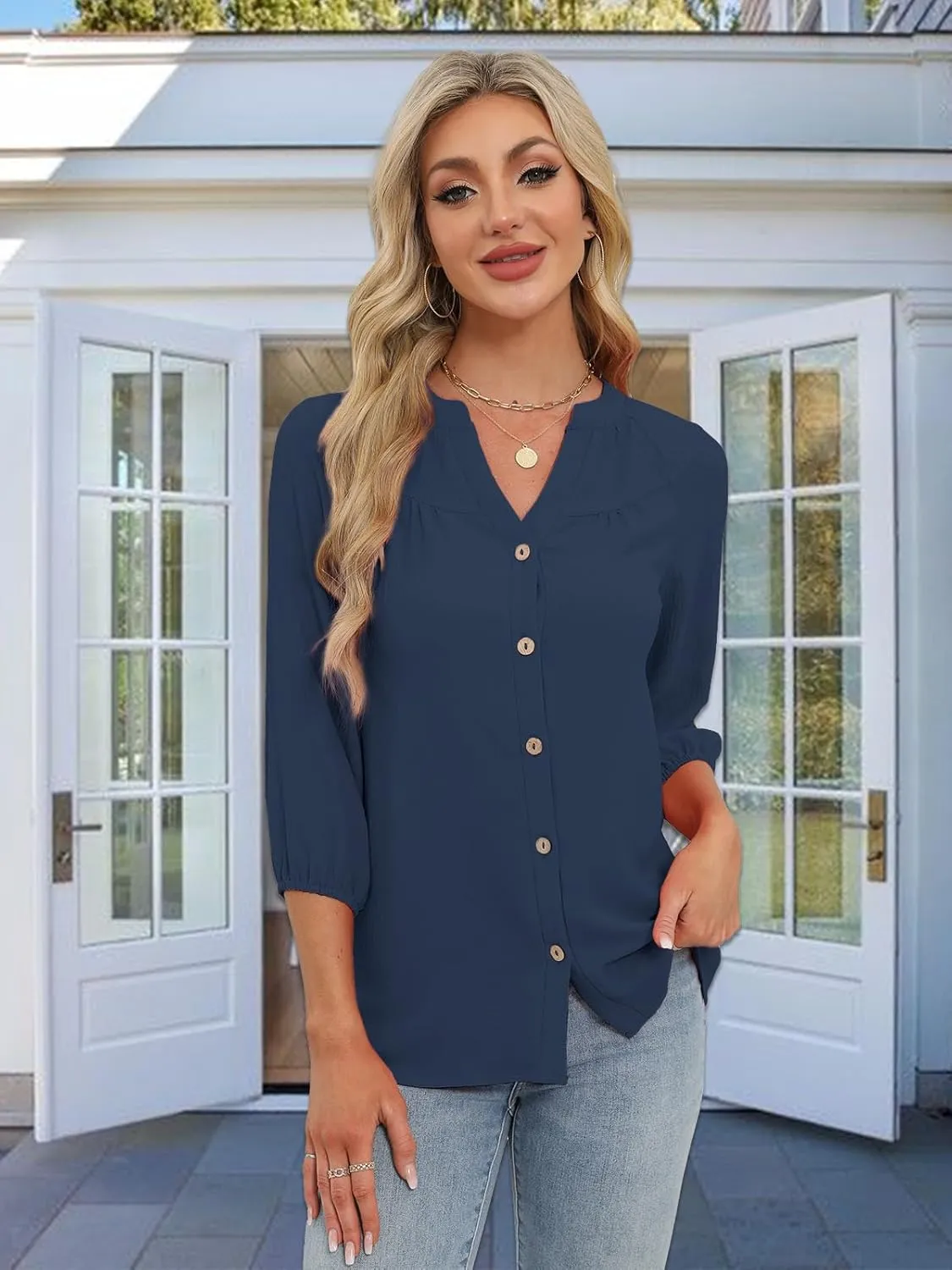 Womens Tops Dressy Casual 3/4 Sleeve T Shirts V Neck Button Down Pleated Back Blouses Summer Fashion Clothes