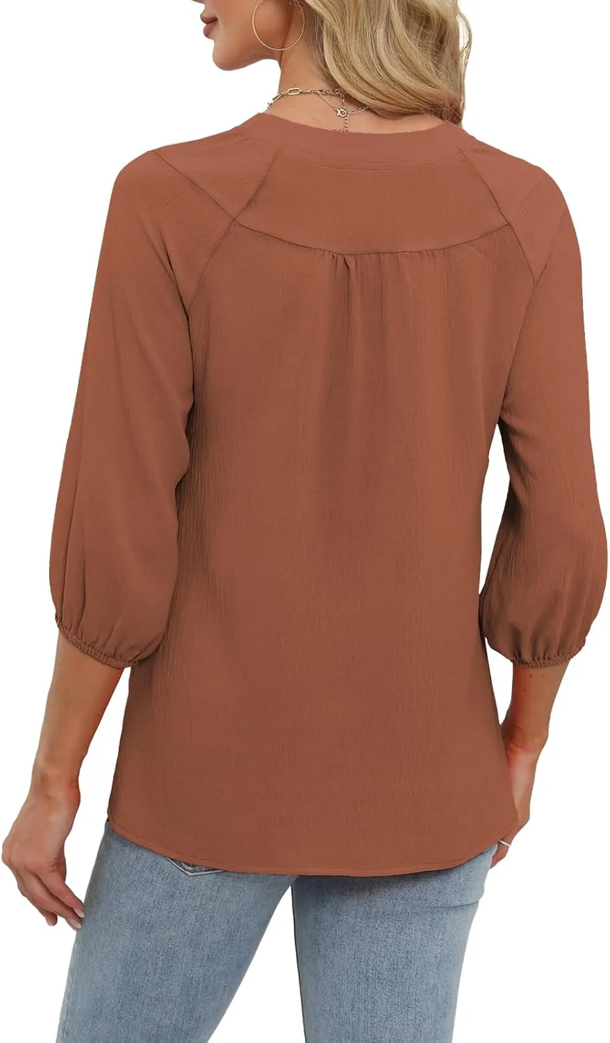 Womens Tops Dressy Casual 3/4 Sleeve T Shirts V Neck Button Down Pleated Back Blouses Summer Fashion Clothes