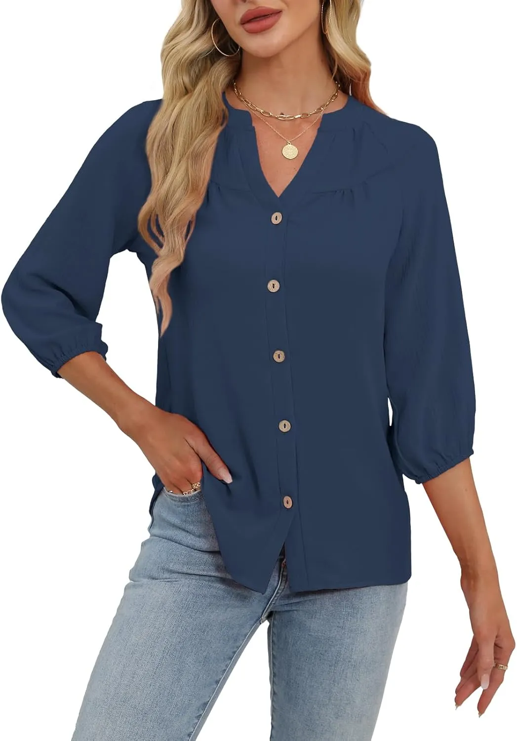 Womens Tops Dressy Casual 3/4 Sleeve T Shirts V Neck Button Down Pleated Back Blouses Summer Fashion Clothes