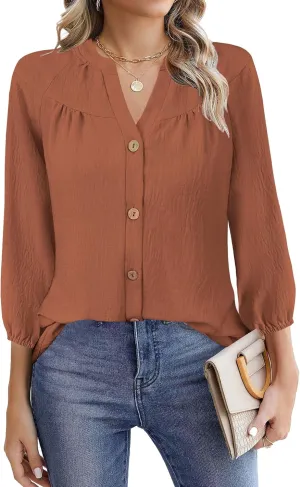 Womens Tops Dressy Casual 3/4 Sleeve T Shirts V Neck Button Down Pleated Back Blouses Summer Fashion Clothes
