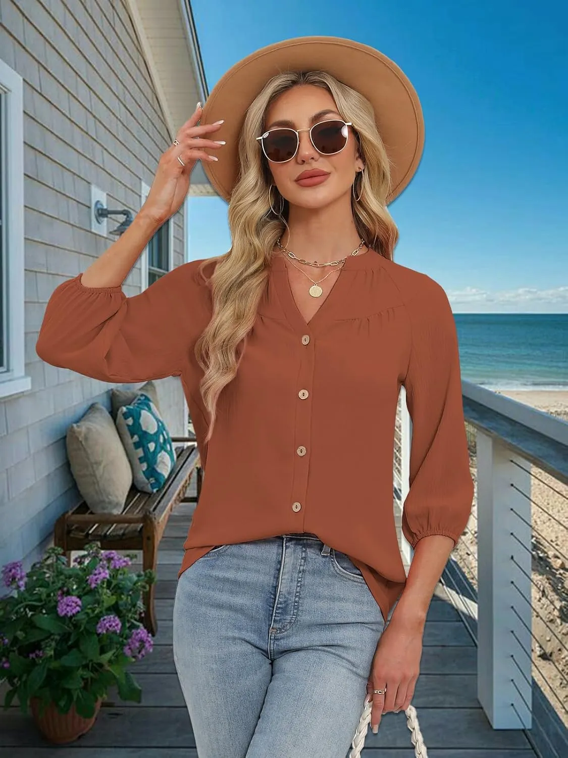 Womens Tops Dressy Casual 3/4 Sleeve T Shirts V Neck Button Down Pleated Back Blouses Summer Fashion Clothes