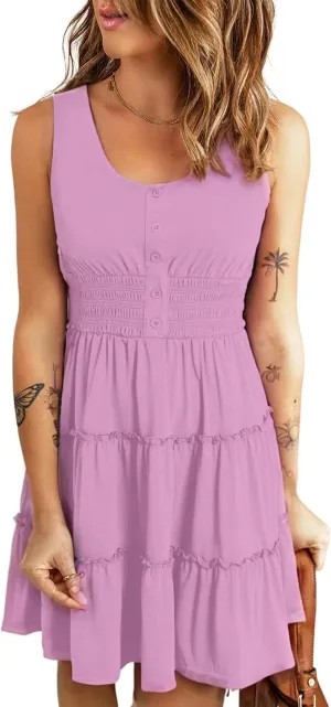 Yajedo Womens Summer A Line Dress Sleeveless Casual Loose Swing Button Down Beach Mini Tank Tiered Dress