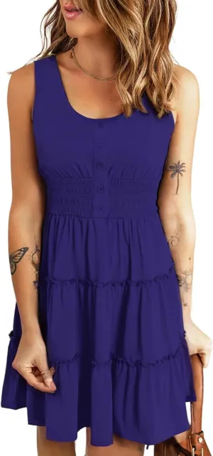 Yajedo Womens Summer A Line Dress Sleeveless Casual Loose Swing Button Down Beach Mini Tank Tiered Dress