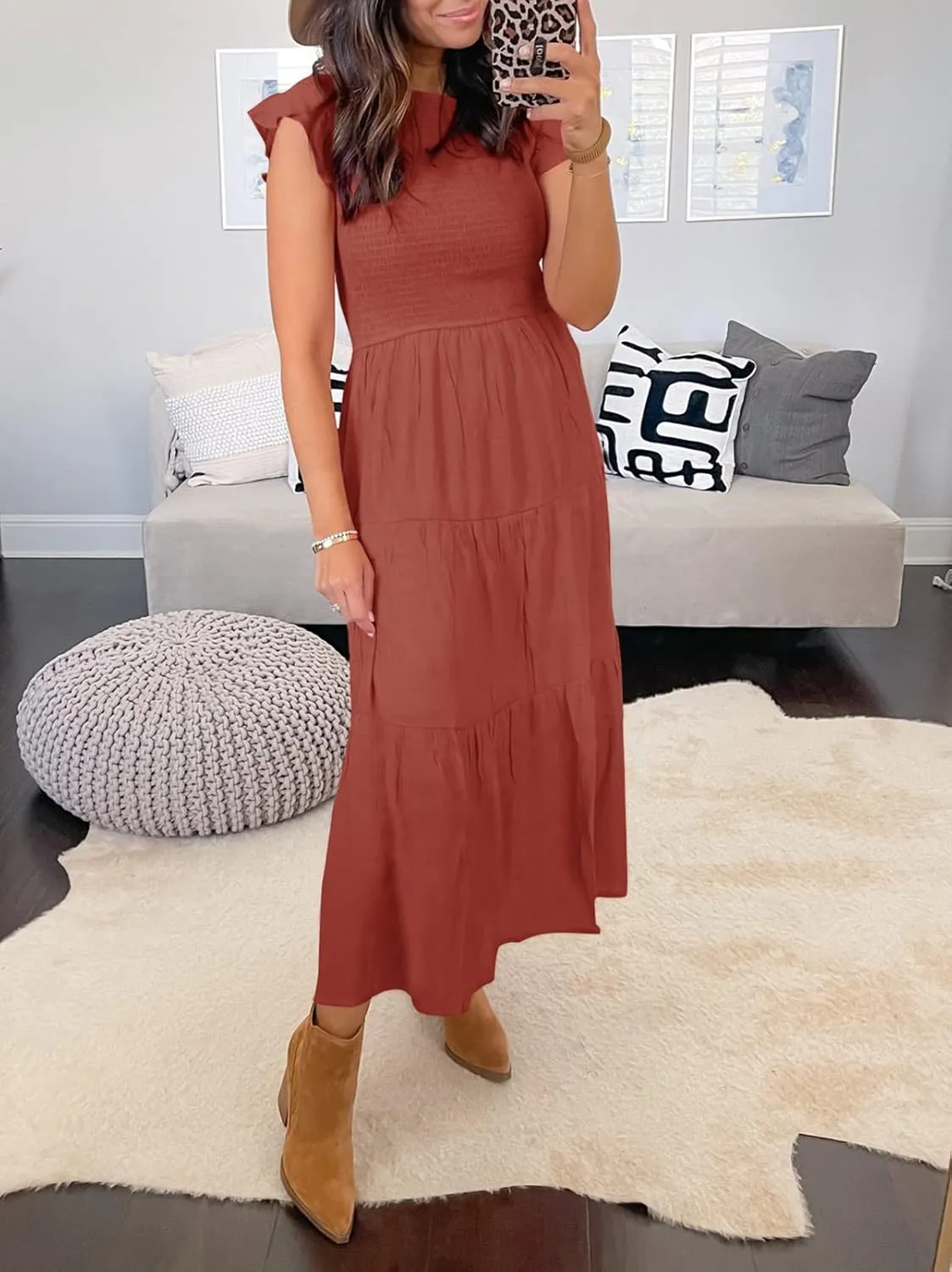 ZCSIA Women's Summer Casual Ruffle Short Sleeve Crewneck Smocked Tiered A Line Midi Dress